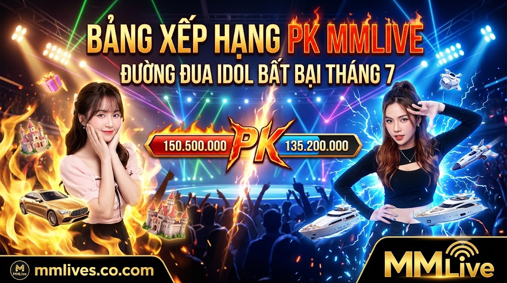 Ảnh đại diện Bảng xếp hạng PK MMLive tháng 7, vinh danh các chiến thần Idol bất bại trên đường đua PK liên server với cơn mưa quà tặng ảo và điểm cống hiến kỷ lục. Hình ảnh độc quyền từ mmlive.cn.com.