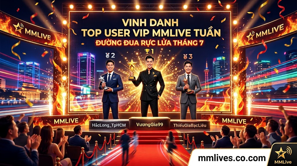 Bảng xếp hạng vinh danh Top User VIP MMLive tuần, gồm Top 3 đại gia dẫn đầu đường đua cống hiến tháng 7 trên sân khấu trao giải hoành tráng của nền tảng mmlive.cn.com.