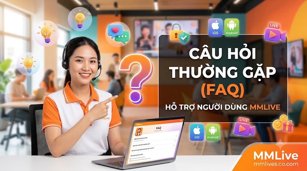Hình ảnh nhân viên chăm sóc khách hàng MMLive mỉm cười hỗ trợ giải đáp các câu hỏi thường gặp (FAQ). Giao diện trực quan nổi bật các biểu tượng hệ điều hành iOS, Android, bảo mật tài khoản, cùng dòng chữ "Câu Hỏi Thường Gặp (FAQ) - Hỗ trợ người dùng MMLive" và tên miền mmlive.cn.com.