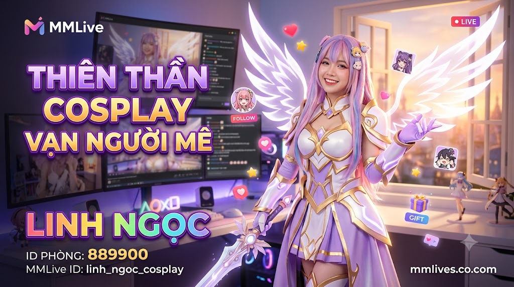 Banner hồ sơ Idol Cosplay MMLive Linh Ngọc, ID phòng 889900. Hình ảnh nữ streamer hóa trang thành nữ chiến binh thiên thần anime vô cùng xinh đẹp và lộng lẫy trong không gian phòng live, kèm dòng chữ 'Thiên thần Cosplay vạn người mê' và tên miền mmlive.cn.com.
