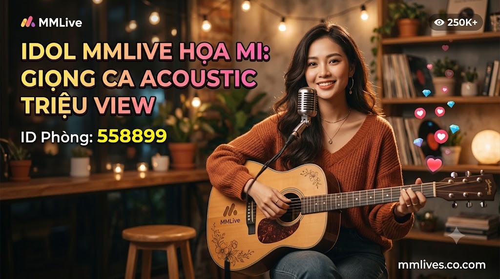 Banner hồ sơ Idol cover nhạc MMLive Họa Mi, ID phòng 558899. Hình ảnh nữ streamer xinh đẹp đang ôm đàn guitar acoustic mỉm cười trước micro trong không gian ấm cúng, kèm dòng chữ 'Giọng ca acoustic triệu view' và tên miền mmlive.cn.com.
