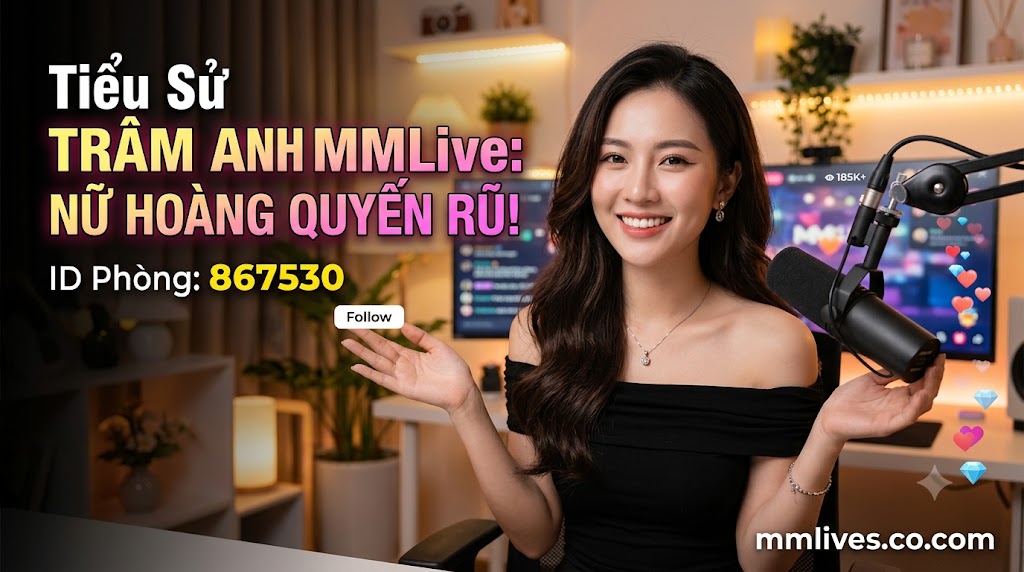 Banner hồ sơ idol Trâm Anh MMLive, giới thiệu 'Nữ hoàng quyến rũ!' với ID phòng 867530. Hình ảnh một nữ streamer trẻ mỉm cười trước thiết bị livestream, với các biểu tượng trái tim và kim cương bay lên. Bao gồm domain mmlive.cn.com.