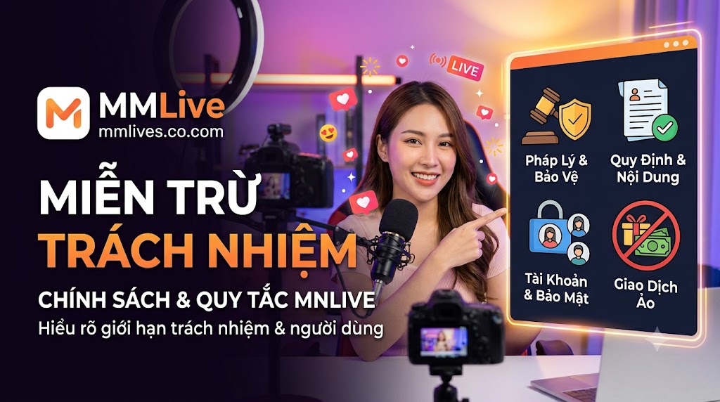 Hình ảnh một phụ nữ trẻ mỉm cười trong bối cảnh livestream, chỉ vào màn hình hiển thị bốn biểu tượng chính sách chính của nền tảng MM Live: Pháp Lý & Bảo Vệ, Quy Định & Nội Dung, Tài Khoản & Bảo Mật, và Giao Dịch Ảo. Văn bản lớn 'MIỄN TRỪ TRÁCH NHIỆM' và logo MM Live với tên miền mmlive.cn.com hiển thị rõ ràng.