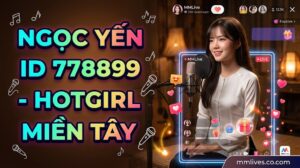 Idol Ngọc Yến MMLive ID 778899, hotgirl miền Tây mặc áo bà ba trắng đang livestream hát acoustic, kèm giao diện ứng dụng và watermark mmlive.cn.com.