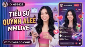 Hình ảnh giới thiệu tiểu sử Quỳnh Alee trên MMLive với ID 458822. Ảnh hiển thị Quỳnh Alee cười cầm điện thoại trong studio livestream đèn LED hồng tím. Văn bản lớn "TIỂU SỬ QUỲNH ALEE MMLIVE" và domain mmlive.cn.com được hiển thị rõ, cùng giao diện livestream bên phải với 350k người xem và 2.4 triệu tim.