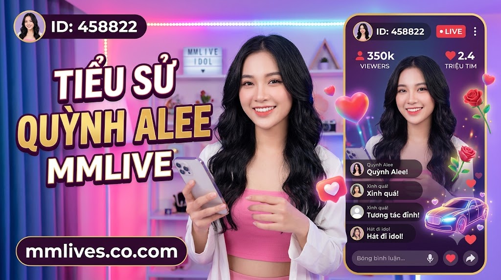 Hình ảnh giới thiệu tiểu sử Quỳnh Alee trên MMLive với ID 458822. Ảnh hiển thị Quỳnh Alee cười cầm điện thoại trong studio livestream đèn LED hồng tím. Văn bản lớn "TIỂU SỬ QUỲNH ALEE MMLIVE" và domain mmlive.cn.com được hiển thị rõ, cùng giao diện livestream bên phải với 350k người xem và 2.4 triệu tim.