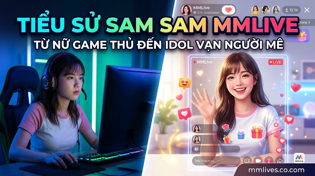 Nữ gamer MMLive Sam Sam chơi game trong phòng có đèn LED dải, bao gồm lớp phủ giao diện hồ sơ trang web và watermark 'mmlive.cn.com'.